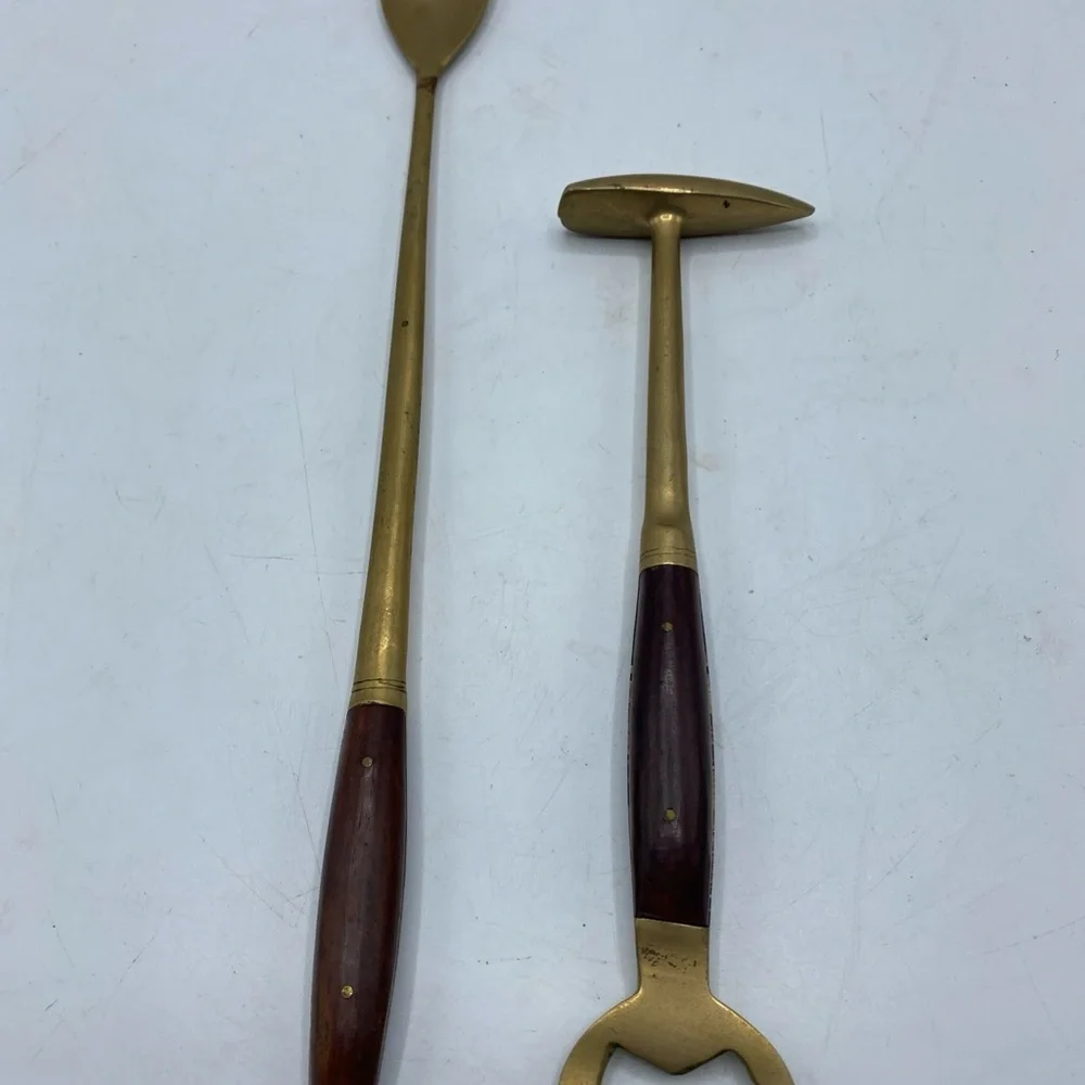 Vintage Brass Barware Bottle Opener Hammer /ice pick Wood Handle Stirring Spoon